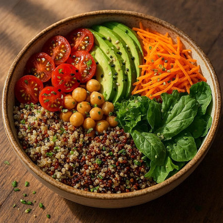 Buddha bowl with quinoa, avocado, chickpeas, tomatoes and spinach. Healthy food concept.の写真素材