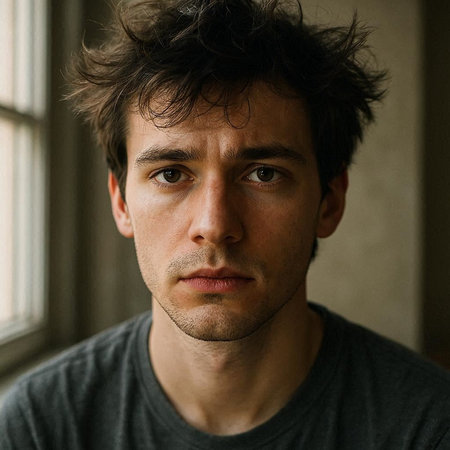 Portrait of a handsome young man looking at camera with serious expressionの写真素材