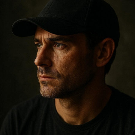 Portrait of a serious man in a cap on a dark background
