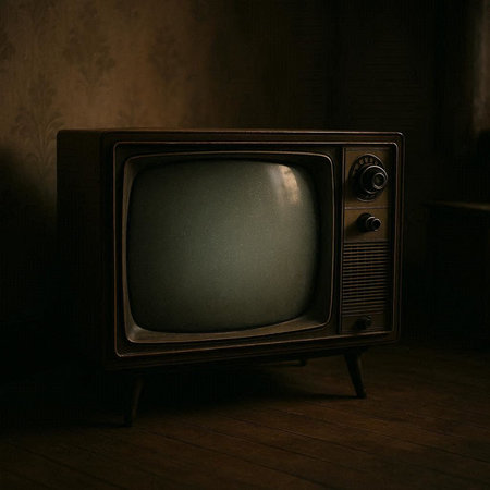 Vintage television on a dark wooden floor in a dark room.