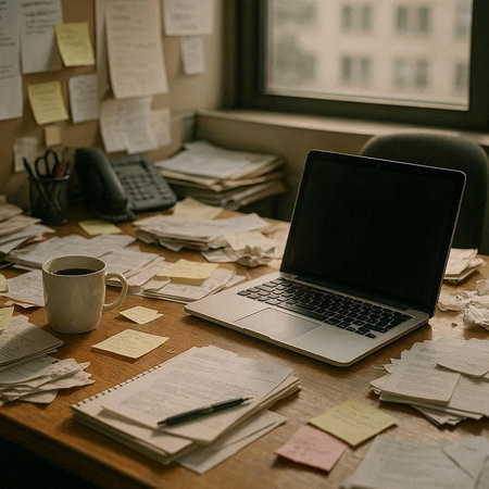 Laptop with blank screen on table in office. Workplace with papers and gadgets.