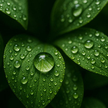 Water drops on green leaf. Nature background. Water drops on green leaves.