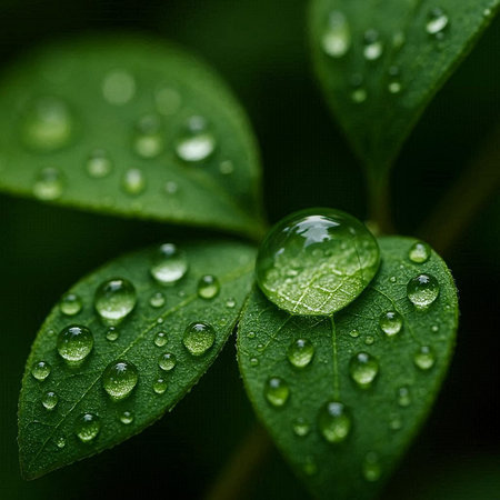 Water droplets on green leaves. Macro shot with shallow depth of field.
