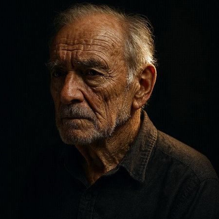 Portrait of an old man with a sad expression on his faceの写真素材