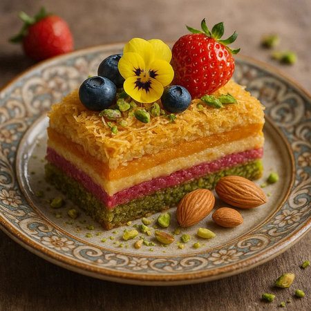 Colorful cake with berries and pistachios on a wooden background