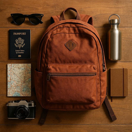 Top view of backpack, camera, passport, sunglasses and coffee cup on wooden background