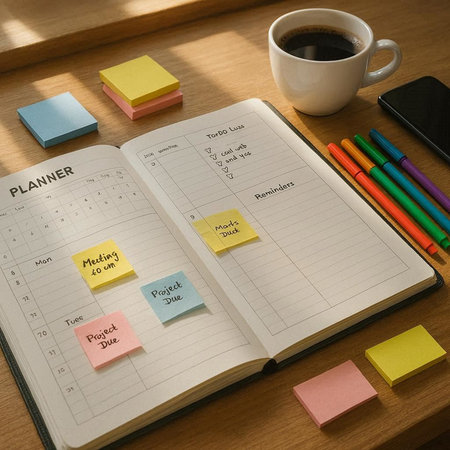 Planning Planner Notebook with coffee cup and smart phone.