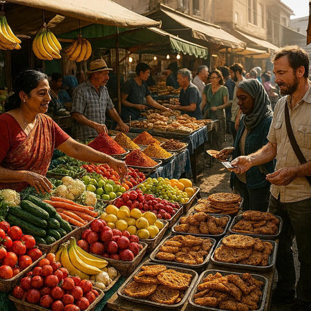 View of unknowns Nepali people selling fruits and vegetables at the street market in Kathmandu in...