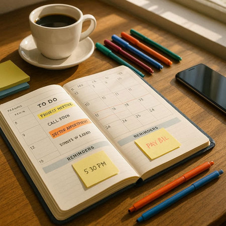 Weekly Planner Calendar Schedule with cup of coffee on wood table