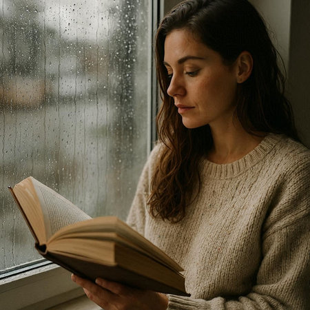 Young woman reading a book near the window in a rainy day.