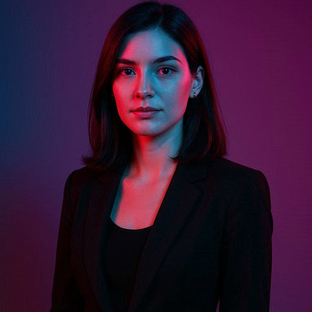Portrait of beautiful young asian woman in black suit looking at camera on purple backgroundの写真素材