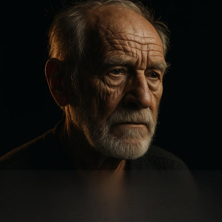 Portrait of an old man on a dark background. Studio shot.の写真素材