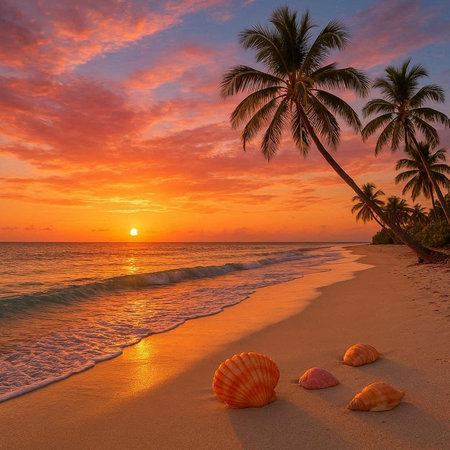 Beautiful sunset on a tropical beach with palm trees and seashellsの写真素材