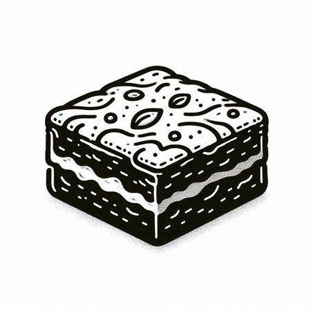 A black and white illustration of a chocolate cake on a white background.