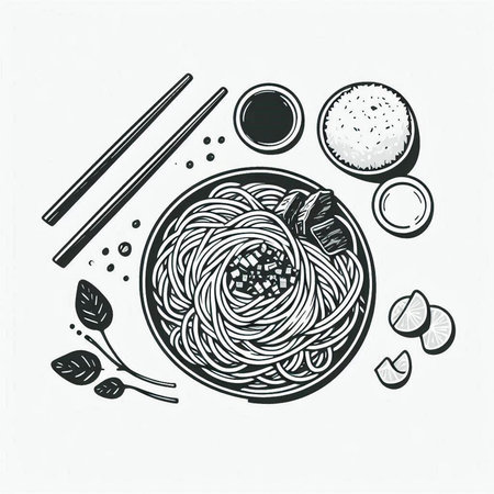 Noodles with chopsticks, soy sauce, ginger and lemon. Hand drawn vector illustration.
