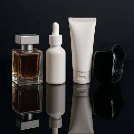 Cosmetics bottles on a black background. Beauty products for skin care.