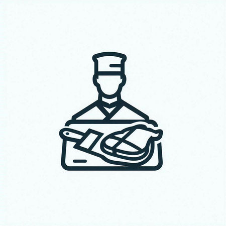 Butcher with knife and meat icon in thin line style. Vector illustration.の写真素材