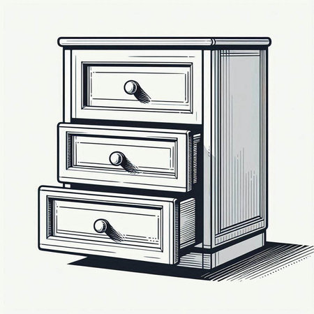 Drawing of a chest of drawers on a white background.
