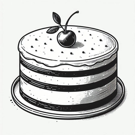 Retro engraving style illustration of a cake with cherries.