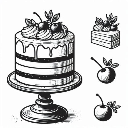 Cake with cherries. Vector illustration of a sketch style.の写真素材