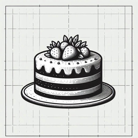 Hand drawn cake with strawberries. Vector illustration in vintage engraved style.