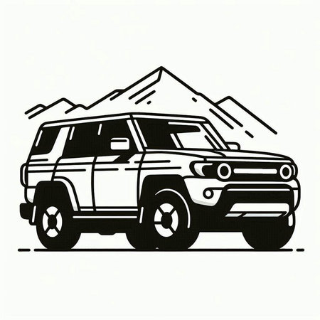 Off-road car in the mountains, black and white vector illustration