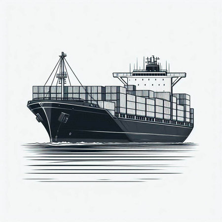 Cargo ship on the water. Side view. Vector illustration.