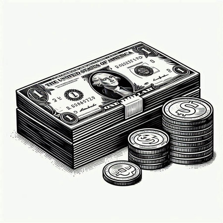 Illustration of a stack of dollars and coins on a white background