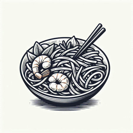 Noodles with shrimps in a bowl. Hand drawn vector illustration