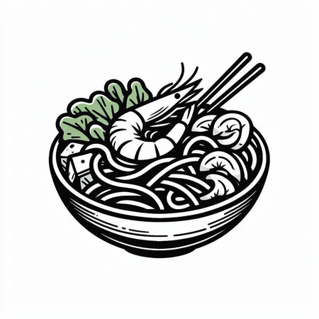 Noodles with shrimps and vegetables in bowl. Vector illustration.
