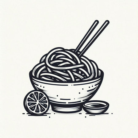 Noodles in bowl with chopsticks. Hand drawn sketch illustration.