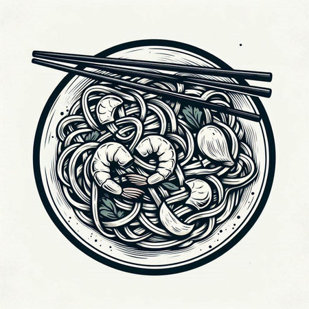 Noodles in bowl with chopsticks. Hand drawn vector illustration.