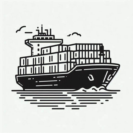 Cargo ship. Black and white vector illustration in linear style.