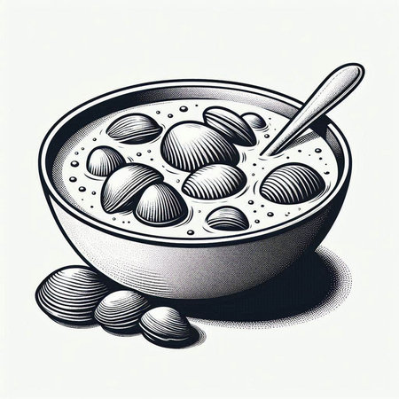 Illustration of a bowl of fresh dumplings and a spoon