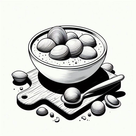 Boiled clams in a bowl. Hand drawn vector illustration.