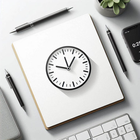 Clock icon on notepad with keyboard and smartphone. Time management concept