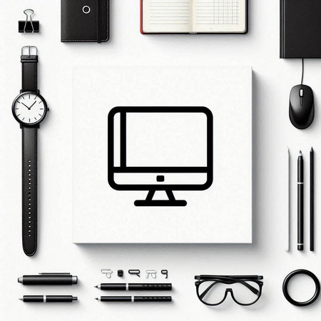 Top view of office desk with computer, stationery and wristwatchの写真素材