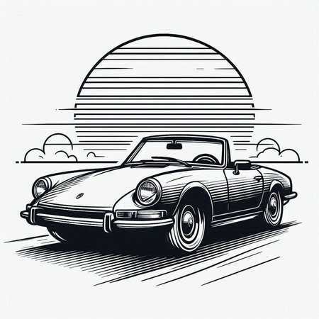 vintage car on the background of the sun and clouds. vector illustration