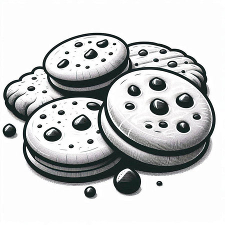 Illustration of a set of round cookies with chocolate chips on a white background