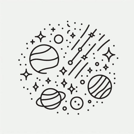 Hand drawn vector illustration in trendy linear style with planets, stars and constellations.