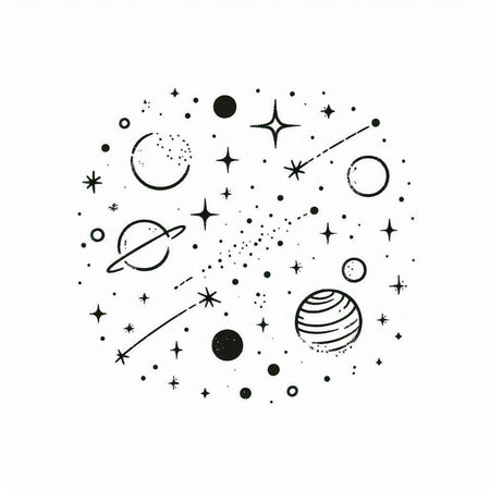 Hand drawn space doodle. Vector illustration. Black and white.
