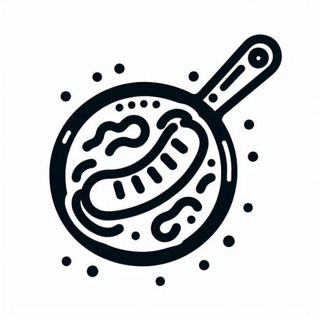 Frying pan with sausages on a white background. Vector illustration.の写真素材