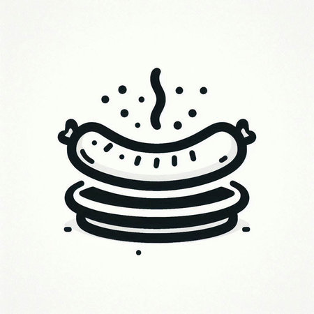 Sausage on a stack of pancakes. Hand drawn vector illustration.の写真素材