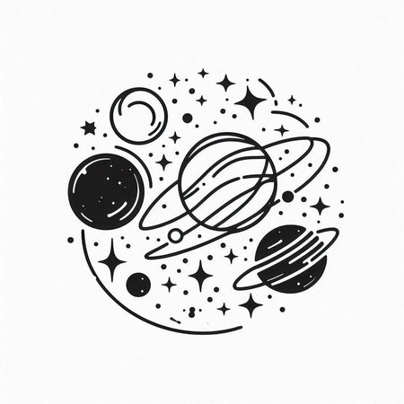 Hand drawn vector illustration of planets and stars in black and white colors.