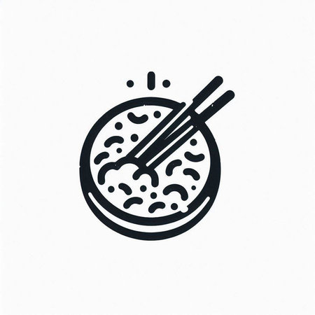 Chopsticks and rice bowl icon in line art style on white backgroundの写真素材