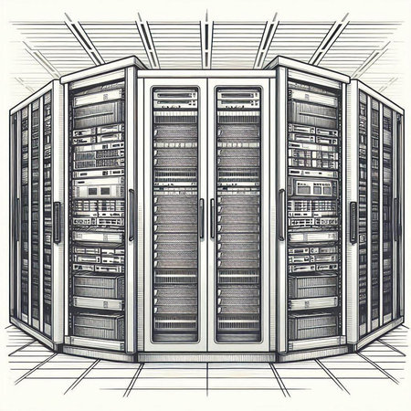 Server room in datacenter. Digital drawing. Vector illustration.