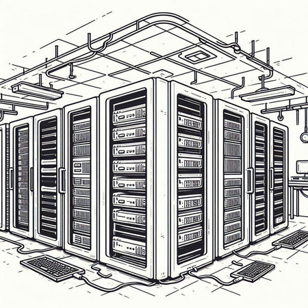 Server room in datacenter. Vector illustration of server room with computers