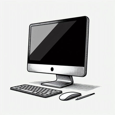 Desktop computer with keyboard and mouse on white background. Vector illustration.