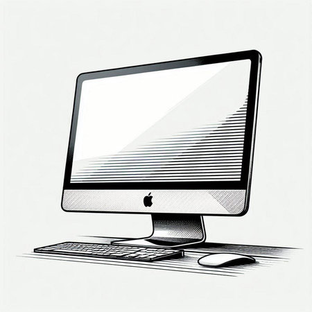 Desktop computer with white screen and mouse on white background. Vector illustration.