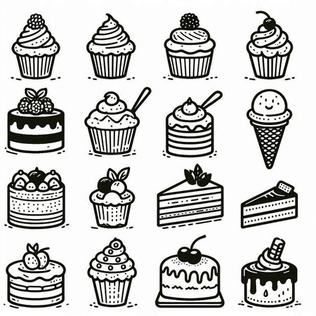 Cake doodle icons set. Black and white vector illustration.